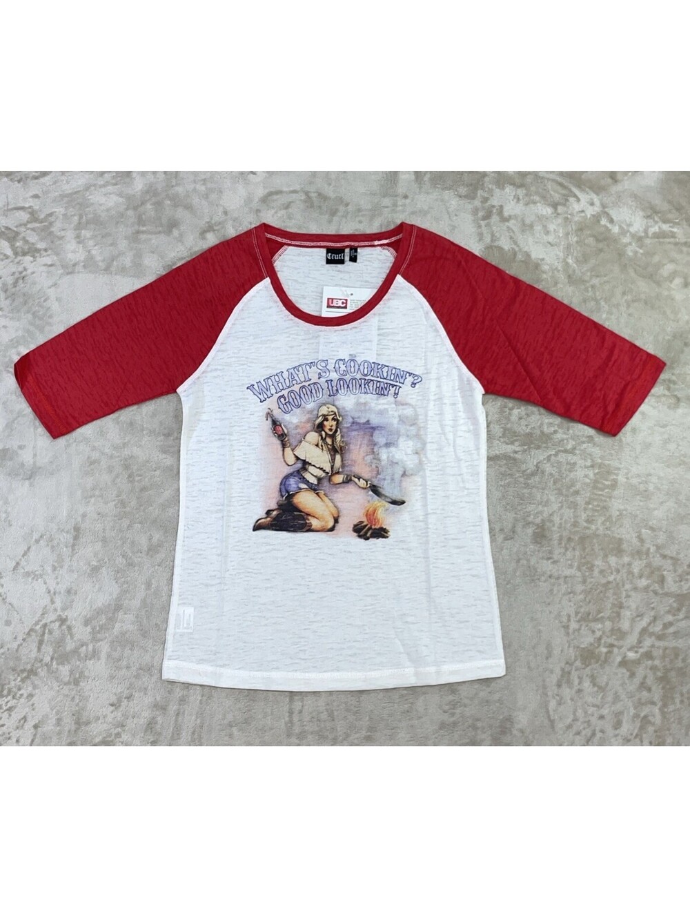 Cruel Denim “What’s Cook in’? Good Lookin’” Red/White Raglan Tee Womens S - NWT!